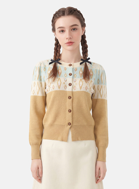 MMC法式复古温柔风重工镶钻菱格撞色针织开衫外套毛衣名媛风洋气