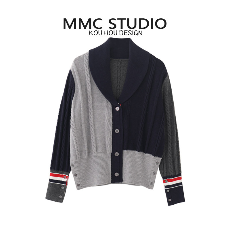MMC TB学院风英伦风麻花撞色修身西装领拼色加厚针织开衫外套毛衣