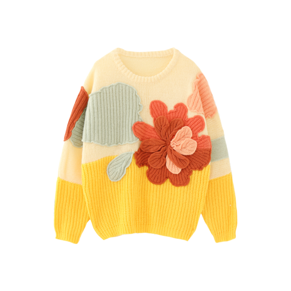 MMC复古甜美百搭立体花朵装饰针织衫毛衣宽松套头长袖外穿上衣女