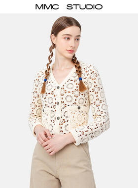 MMCM家重工手工编织镂空针织开衫外套上衣短款长袖2025早春新款女