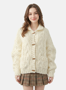 MMC重工粗棒针全手工编织粗针翻领麻花口袋针织开衫外套毛衣上衣