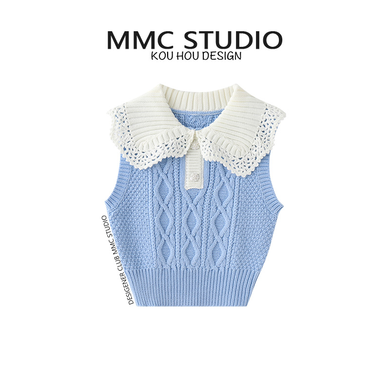 钩花翻领针织马甲秋冬背心上衣