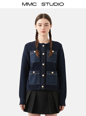 MMC法式复古风气质藏蓝色金扣牛仔拼接针织开衫外套毛衣上衣小众