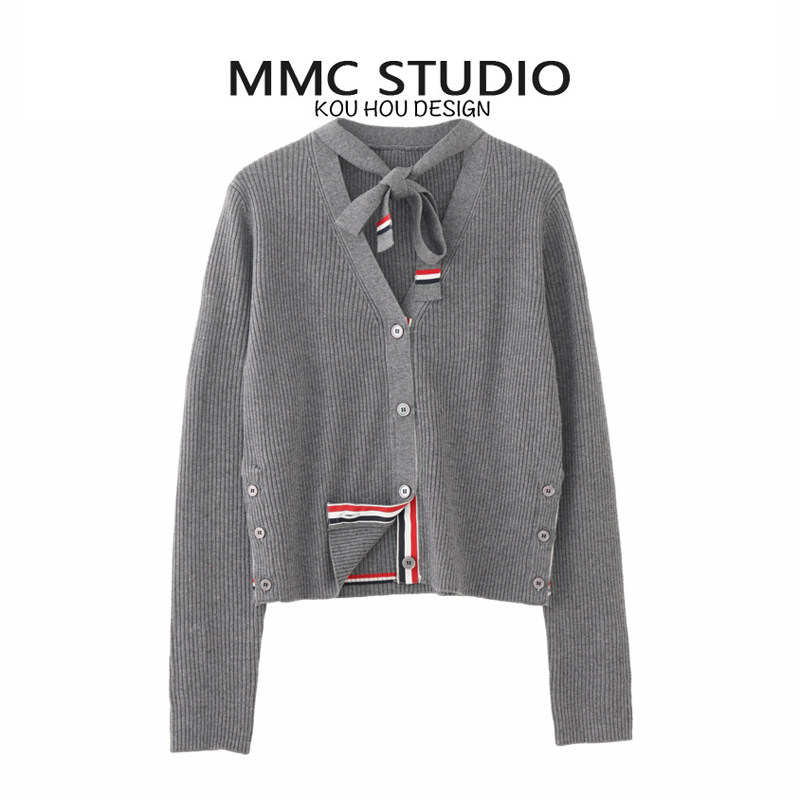 MMC TB学院风英伦风气质减龄V领带子羊毛针织开衫外套毛衣上衣女