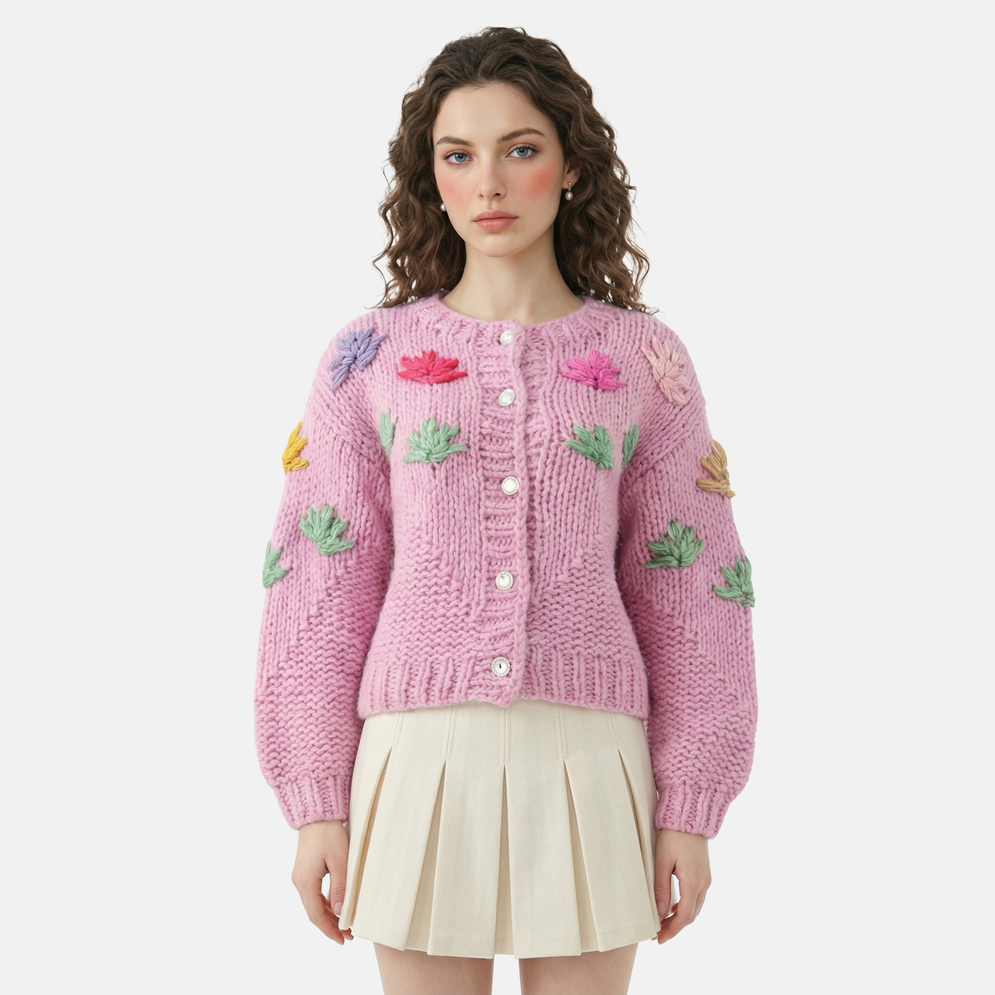 MMC甜美初恋感重工手工编织立体刺绣花朵针织开衫外套毛衣上衣女