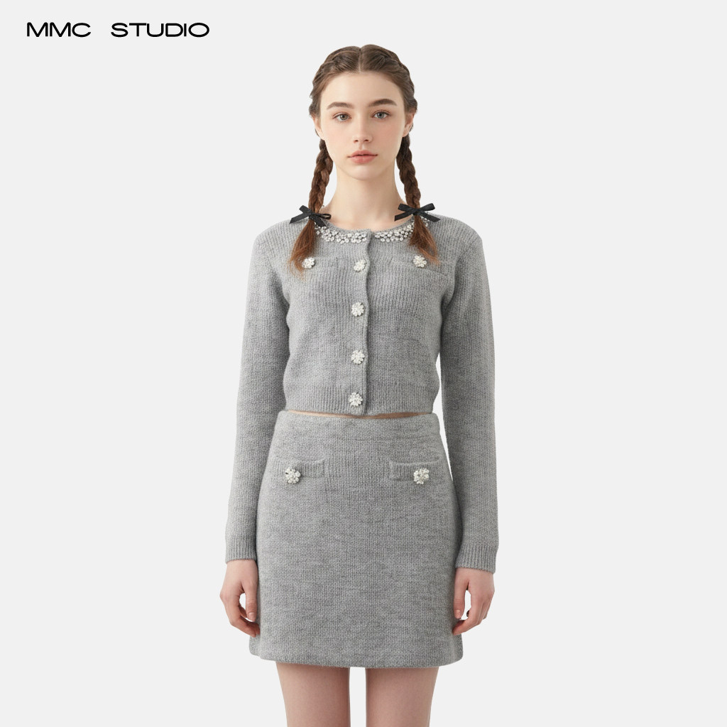 MMC欧货法式小香风名媛风重工钉珠针织开衫上衣半身裙两件套装新