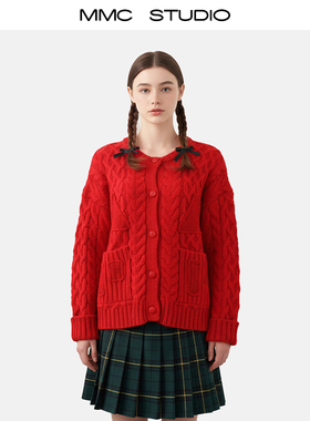 MMC宽松慵懒风复古麻花口袋圆领针织衫开衫毛衣外套上衣小众设计