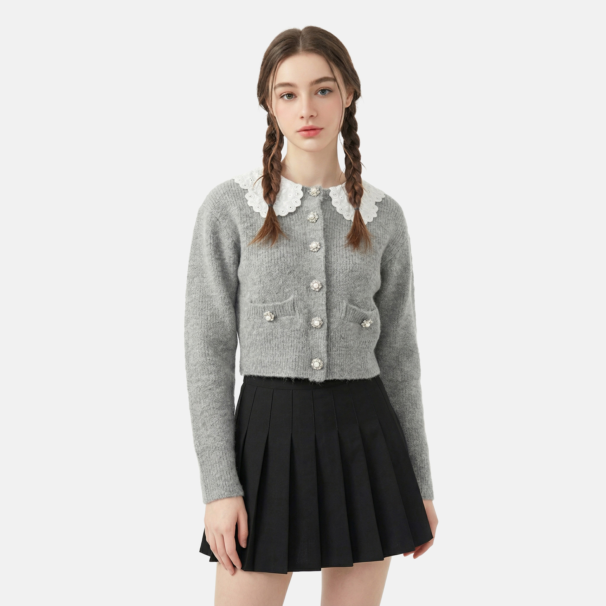 MMC法式复古蕾丝娃娃领针织开衫外套毛衣设计感小人钻扣毛衣外套