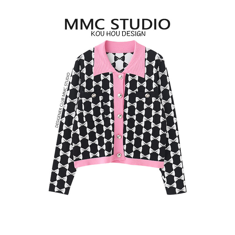 蔻后针织翻领撞色开衫