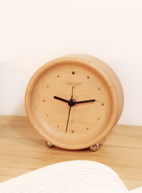 素工 圆形实木闹钟 榉木数字圆点表盘 静音简约复古台钟摆钟