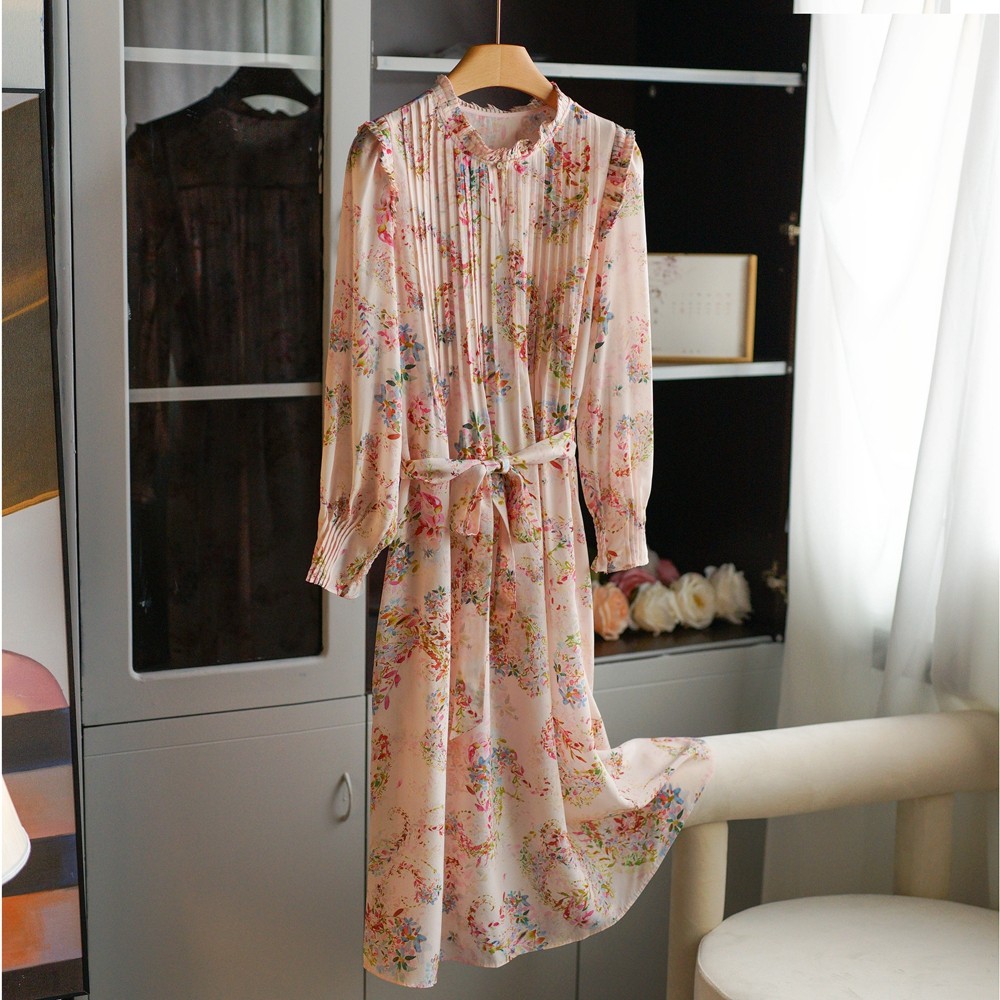 上身美爆!真丝打揽木耳边小碎花连衣裙女 75052#2