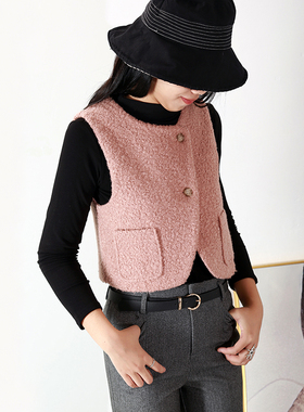 厚款秋冬女装毛呢马甲短款时尚减龄皮粉色