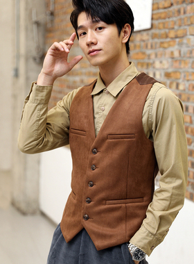 新款麂皮绒拼接修身男士马甲潮背心潮流春秋冬休闲无袖坎肩