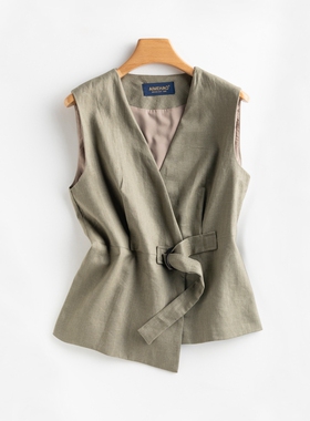 雅致洋气干练显瘦金属环扣系带收腰夏装亚麻马甲女  M