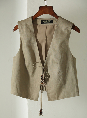 串珠装饰 系带棉麻短款马甲女夏季薄款亚麻坎肩外穿