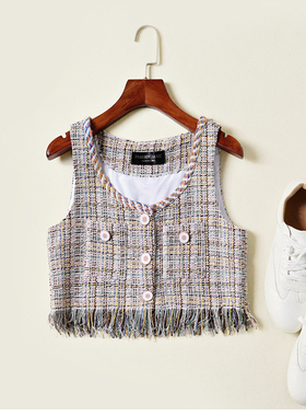 秋冬新款小香风粗花呢短款流苏睫毛边装饰小马甲背心