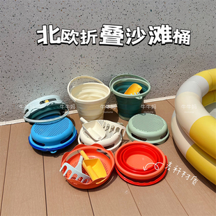 北欧麦秆材质儿童便携折叠收纳水桶沙滩戏水挖沙铲耙冰淇淋工具套