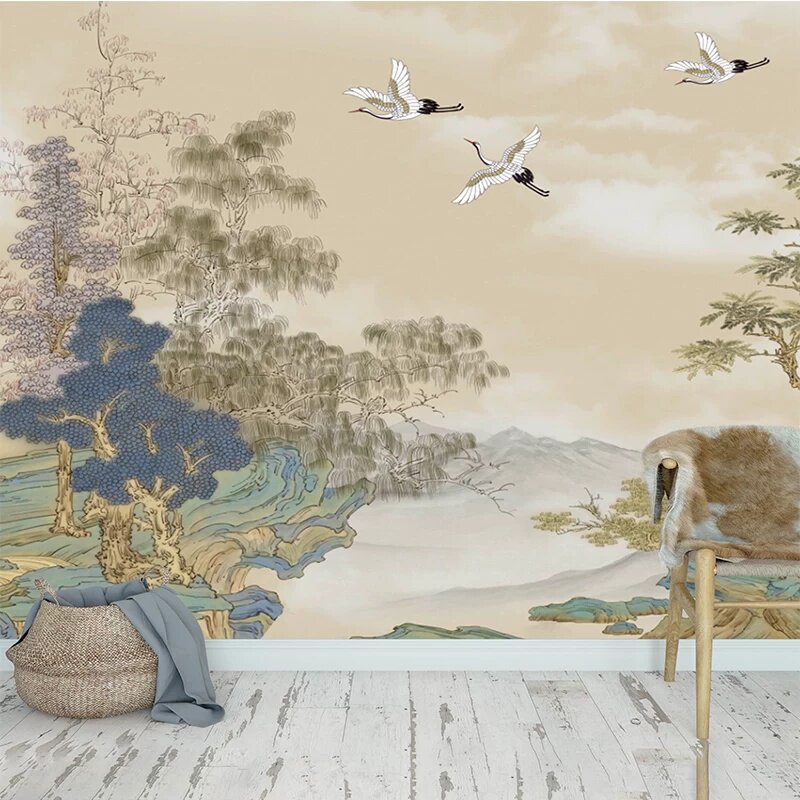 定做壁画现代中式意境水墨山水画仙鹤客厅沙发背景墙壁纸书房墙布
