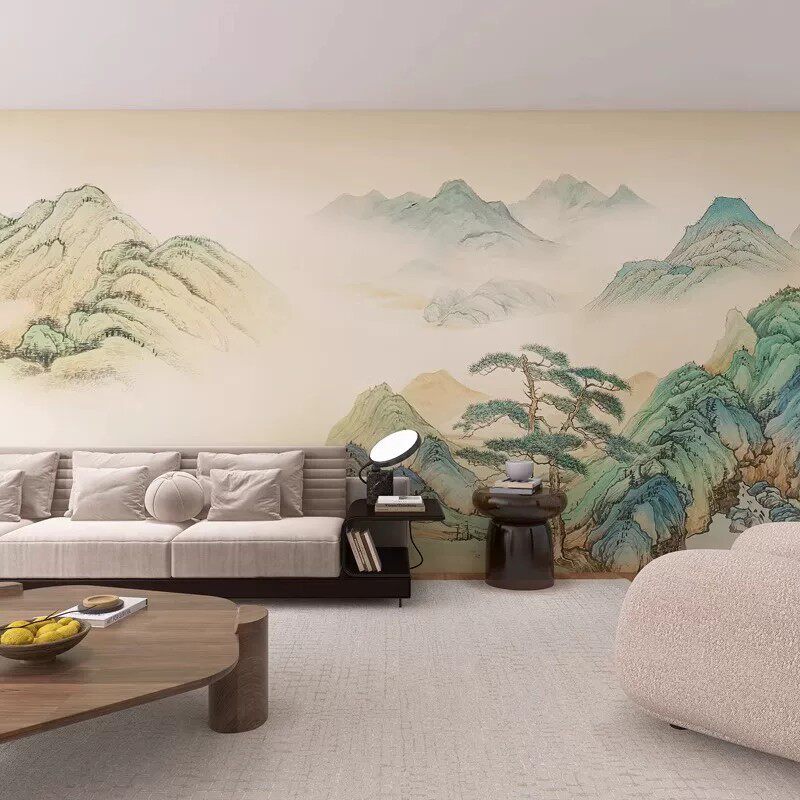 3D宋氏美学复古山水画墙纸客厅民宿装饰墙布禅意茶室壁纸壁画定制