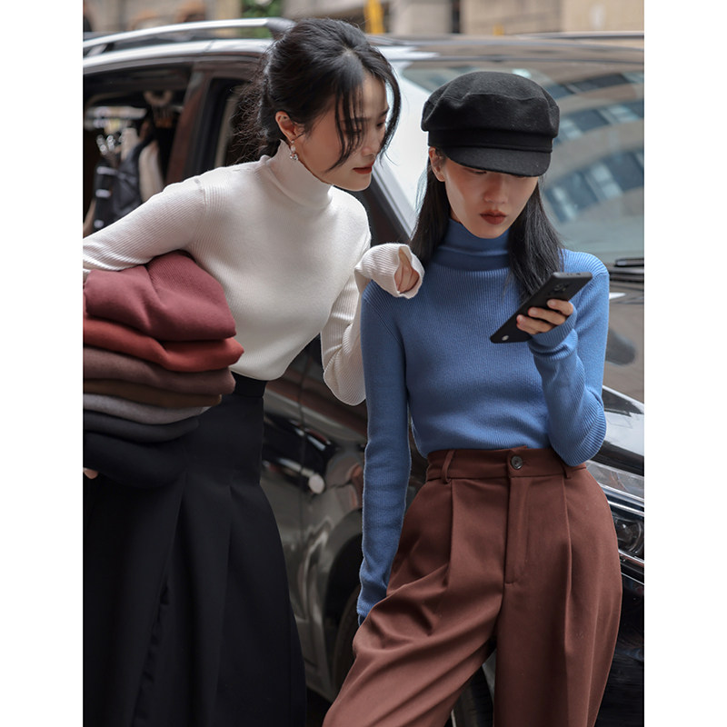 觅定半高领打底衫毛衣针织衫白色女秋冬内搭修身上衣黑色蓝色冬季