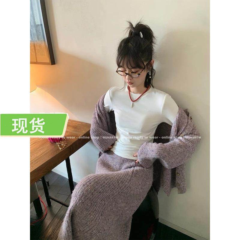 Mona家 300g密斯绒 白色灰色长袖T恤打底衫女小个子 2023秋冬新款