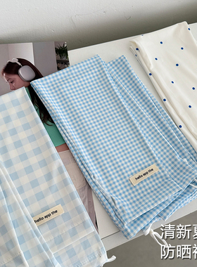 韩蓝色格子防晒袖套女夏季户外开车遮阳防紫外线手套宽松冰袖冰丝