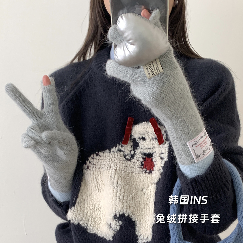 Jennie同款2025新款冬季马卡龙拼色兔毛手套女冬季甜美可触屏防寒