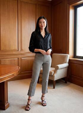 女款休闲裤春秋款黑白格子时尚直筒裤通勤百搭求职季轻薄修身裤子
