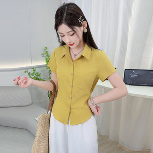 简约翻领短袖衬衫女夏季红色蝴蝶结系带后背设计感通勤小个子衬衣