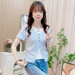 蓝色假两件短袖T恤女夏2026夏季新款不规则撞色拼接体恤短款上衣