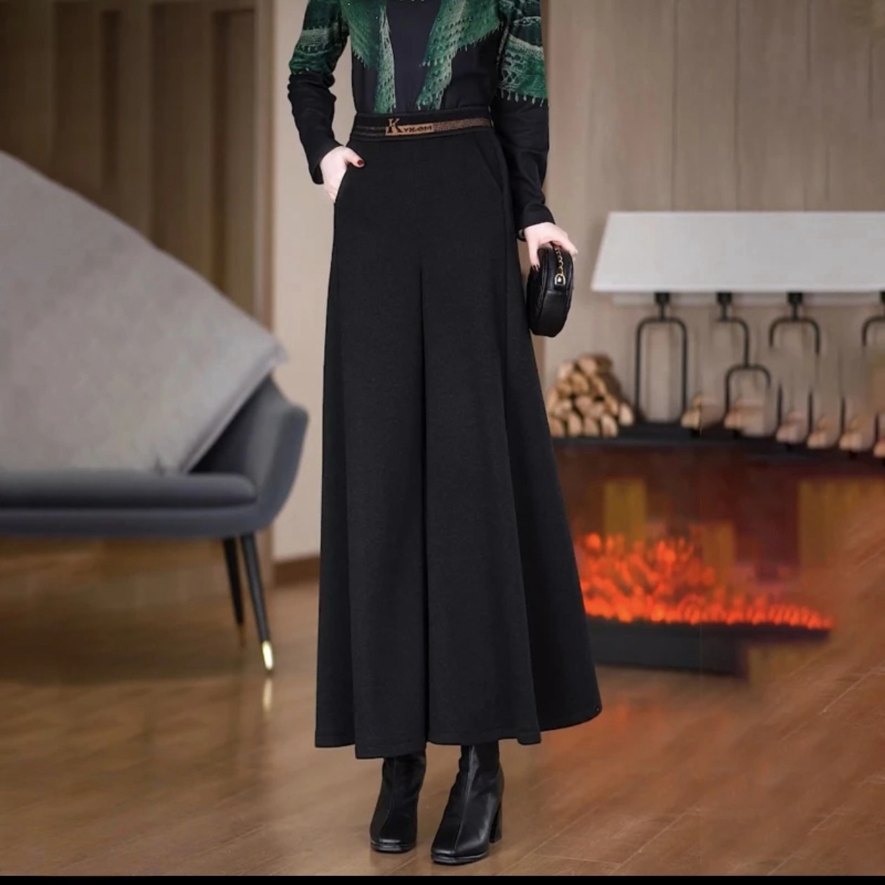 加绒加厚羊毛呢阔腿裤女2025秋冬季新款中年妈妈裙裤休闲大脚裤子