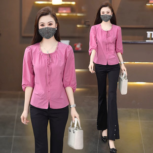 2026夏季新款时尚气质衬衫女洋气宽松显瘦百搭七分袖系带小衫上衣