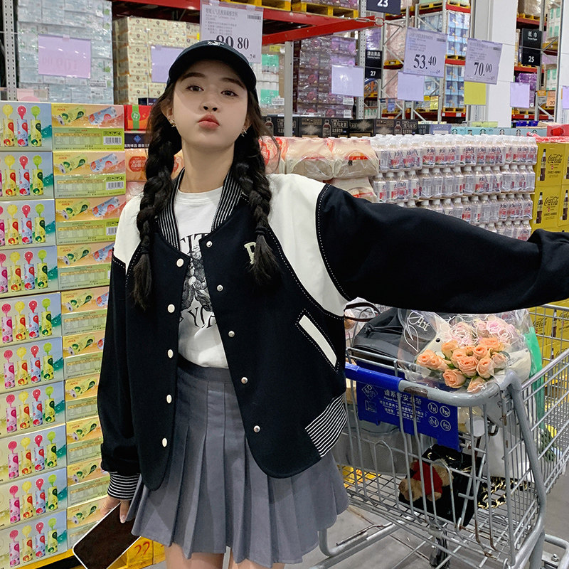 美式复古拼接棒球服外套女2023春秋款今年流行小个子休闲夹克上衣图片