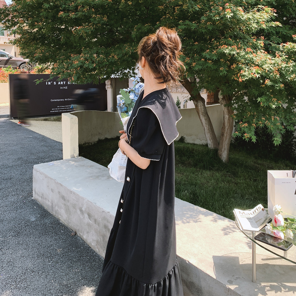 赫本风海军领黑色连衣裙女夏2025新款宽松显瘦遮肚子鱼尾长裙及踝,女装连衣裙,浙宝229