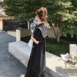 赫本风海军领黑色连衣裙女夏2025新款宽松显瘦遮肚子鱼尾长裙及踝，女装连衣裙，浙宝229