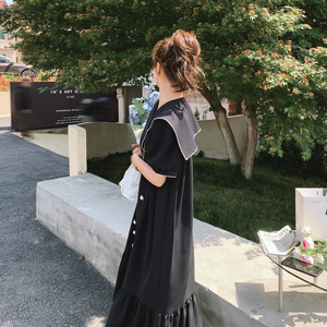 赫本风海军领黑色连衣裙女夏2025新款宽松显瘦遮肚子鱼尾长裙及踝图片