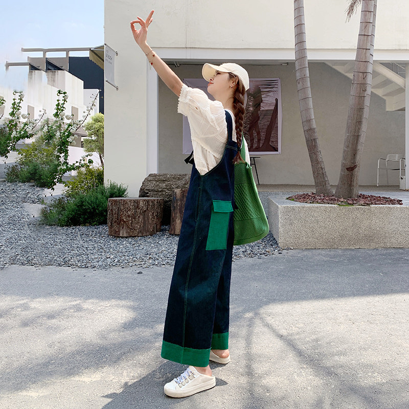 【大货】24年春牛仔背带裤连体裤绿色撞色229-8282-P125控178，女装连体裤，浙宝229