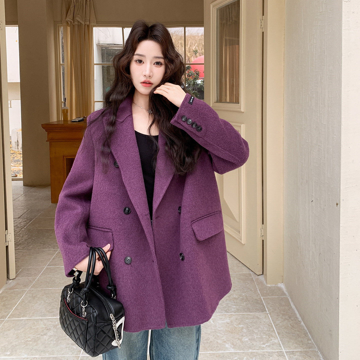 【现货】25年葡萄紫双面羊毛呢大衣2B175-8476-P255控378,女装毛呢外套,浙宝229