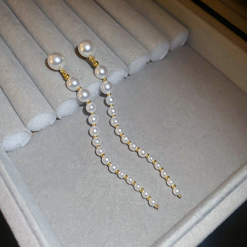 超长款珍珠流苏耳环法式气质轻奢宴会礼服耳坠简约显脸瘦耳钉银针