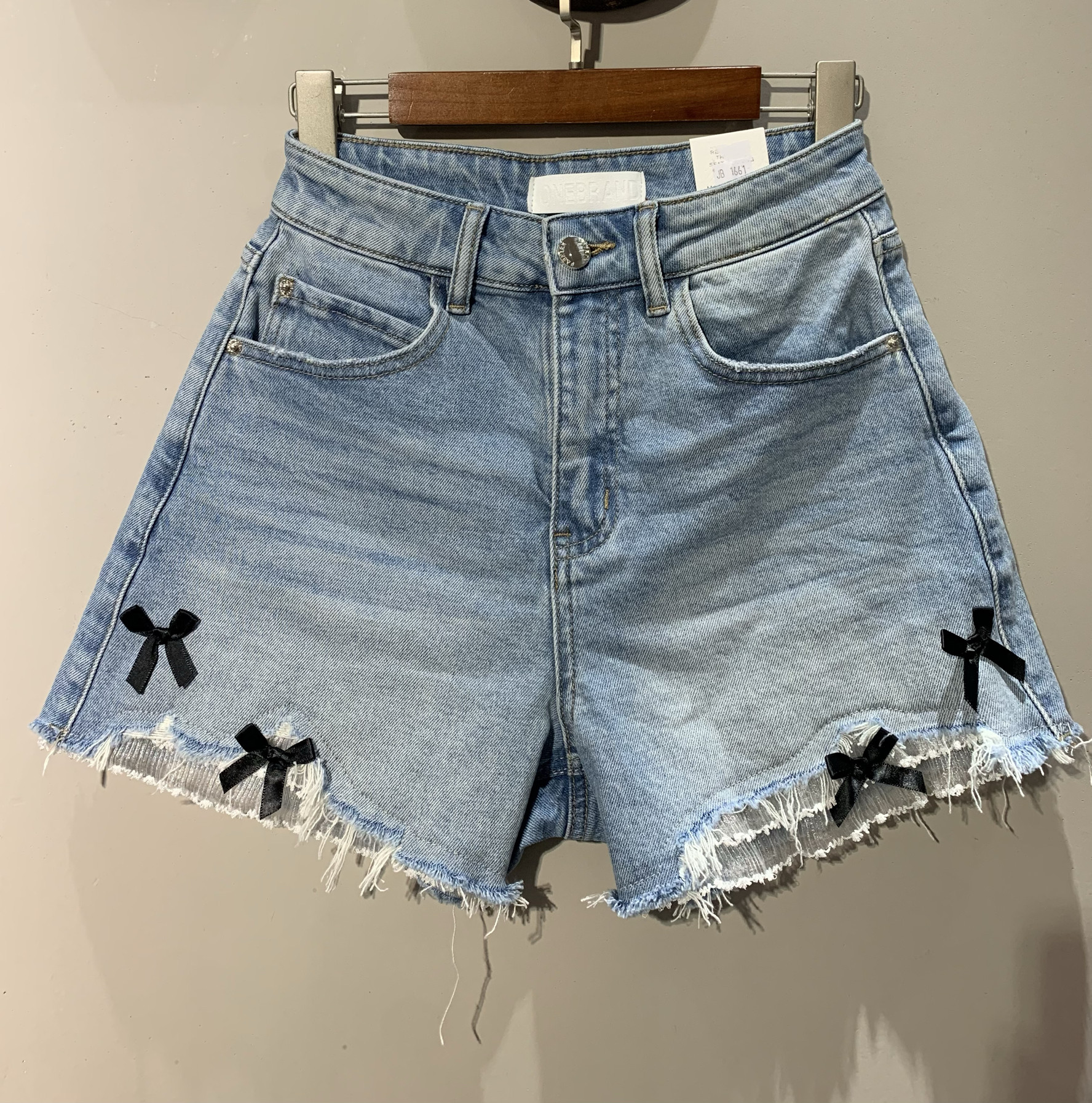 韩国onebrand蝴蝶结蕾丝牛仔短裤2024夏高腰洋气显瘦A字休闲热裤