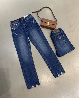 韩国正品tangblue净版不破裤袋字母咖色皮九分蓝色烟管直筒牛仔裤