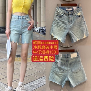 夏季新款onebrand磨破简约百搭中腰裤腿长牛仔短裤面料软1331