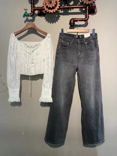 2026新款 袋钢印字母蝴蝶结时尚 洋气高级灰长裤 tangblue直筒牛仔裤