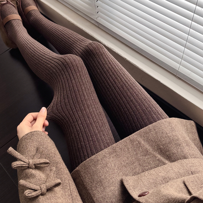 咖啡色连裤袜女秋冬款加厚薄绒竖纹深灰色打底裤袜保暖羊毛外穿女
