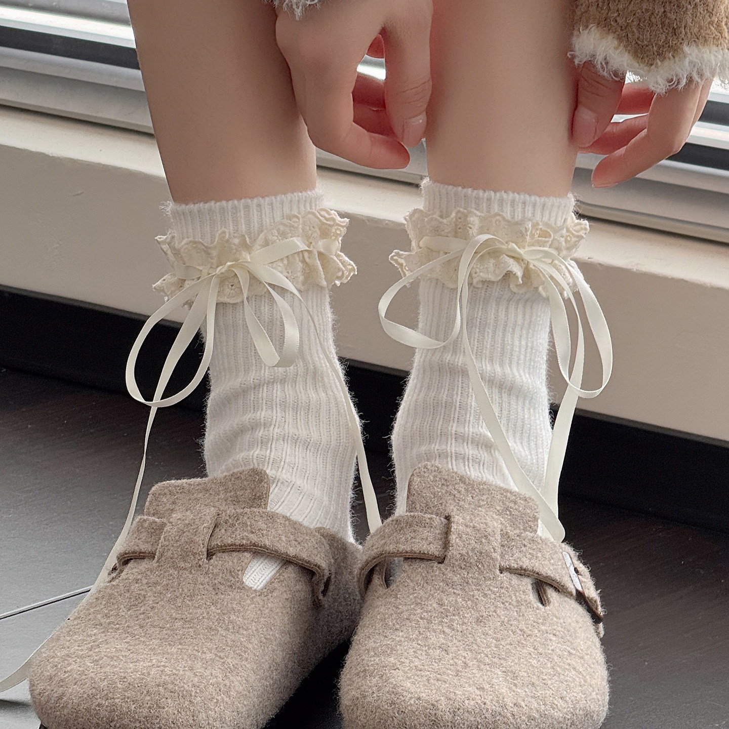 春秋款甜美花边蝴蝶结米白色短袜子女韩版棉堆堆袜浅灰色小腿袜,女士内衣/男士内衣/家居服,中筒袜,淘宝优惠券,粉丝福利购,淘宝优惠卷