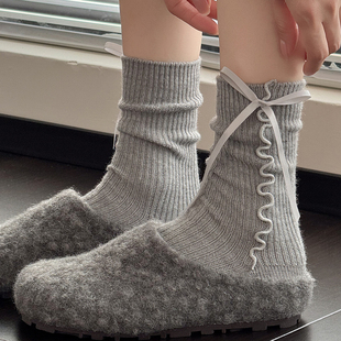 灰色中筒袜女秋冬款 加厚保暖米白色小腿袜蝴蝶结棉卡其堆堆短袜子