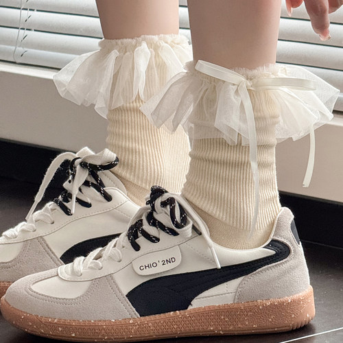 Lolita蕾丝花边白色小腿袜女