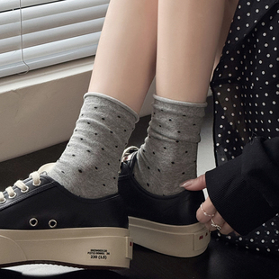 灰色小腿袜女ins潮袜圆点棉短袜子奶黄色中筒袜春秋款白色堆堆袜