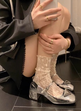 JK小腿袜女春夏季薄款Lolita奶白色中筒袜白色蕾丝堆堆短袜子黑色