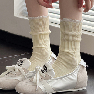 淡黄色棉短袜子春秋款甜美米白色中筒袜灰色堆堆袜浅蓝色小腿袜女